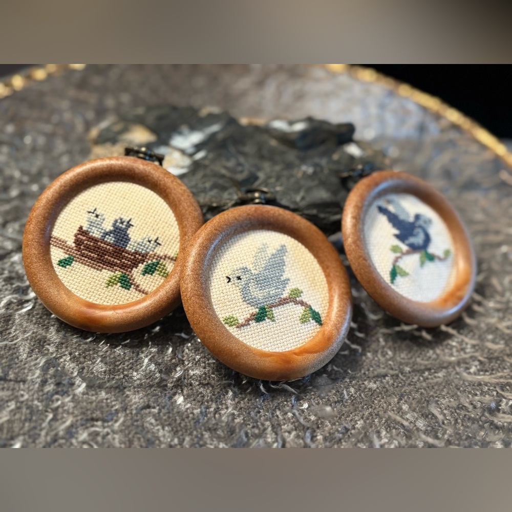 Vintage Mini Bird Embroidery Wall Art Set (3) • Wooden Hoop Frames • Folk Story - Picture 4 of 13